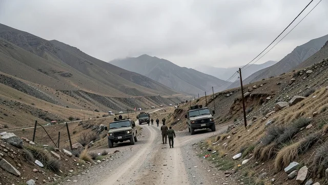 Imagem gerada por IA: Veículos militares em uma estrada de uma região montanhosa de fronteira.