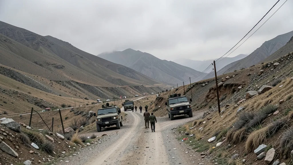 Imagem gerada por IA: Veículos militares em uma estrada de uma região montanhosa de fronteira.