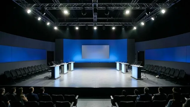 Palco vazio de um debate eleitoral em estúdio de televisão, com púlpitos sob as luzes.