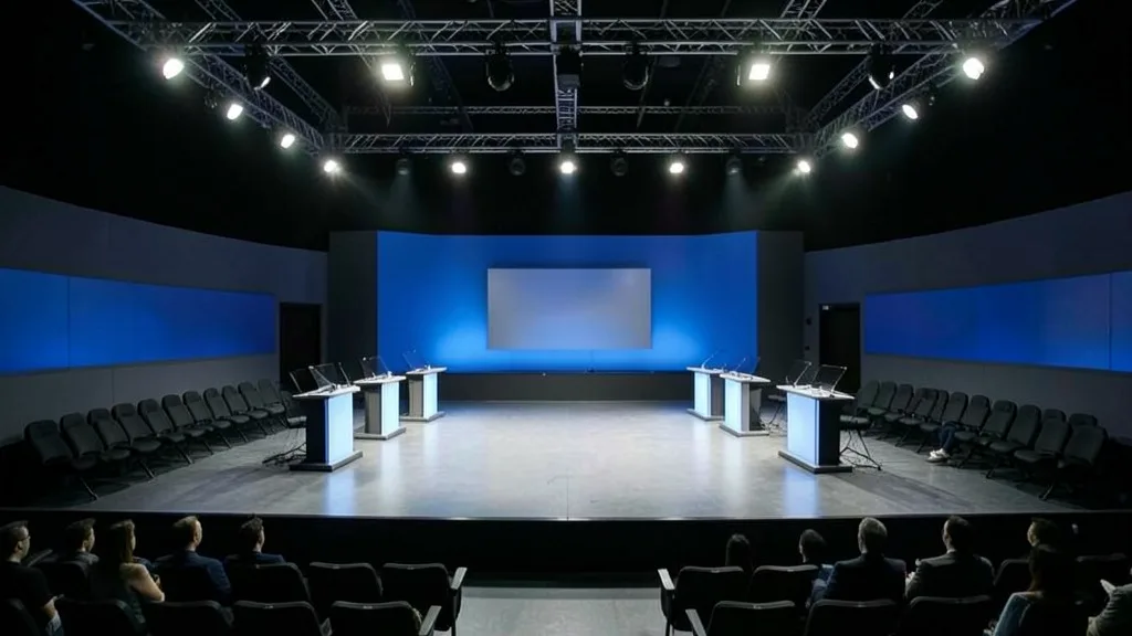Palco vazio de um debate eleitoral em estúdio de televisão, com púlpitos sob as luzes.