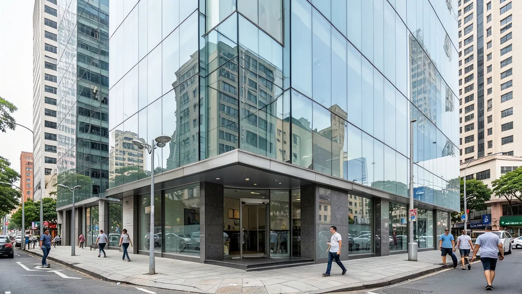 Imagem gerada por IA: Fachada de uma agência bancária moderna em uma rua de São Paulo.