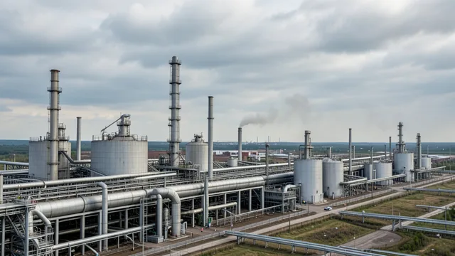 Imagem gerada por IA: Complexo industrial petroquímico com chaminés e tubulações sob um céu nublado.