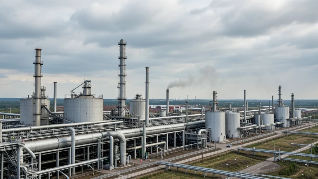 Imagem gerada por IA: Complexo industrial petroquímico com chaminés e tubulações sob um céu nublado.