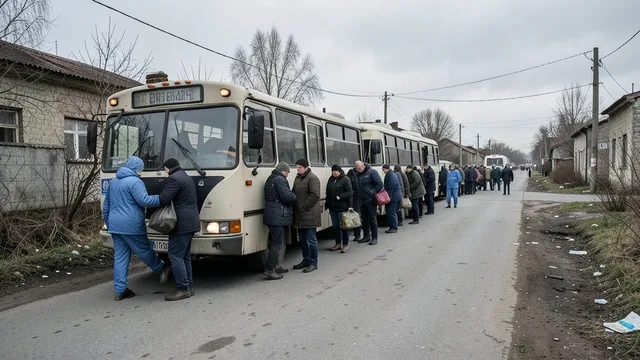Imagem gerada por IA: Moradores com pequenas bagagens embarcam em ônibus durante uma retirada humanitária.