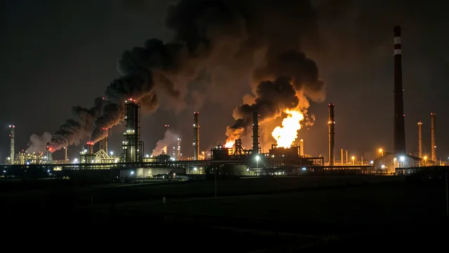 Imagem gerada por IA: Incêndio e fumaça em uma refinaria de petróleo durante a noite.