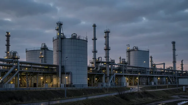Imagem gerada por IA: Refinaria de petróleo com tanques e tubulações sob um céu nublado.
