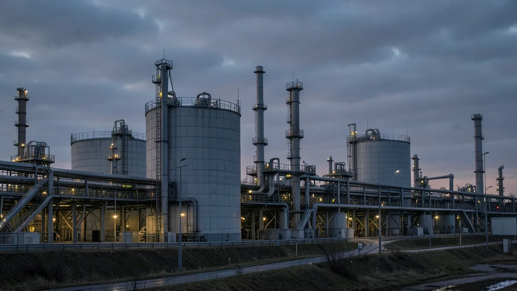 Imagem gerada por IA: Refinaria de petróleo com tanques e tubulações sob um céu nublado.