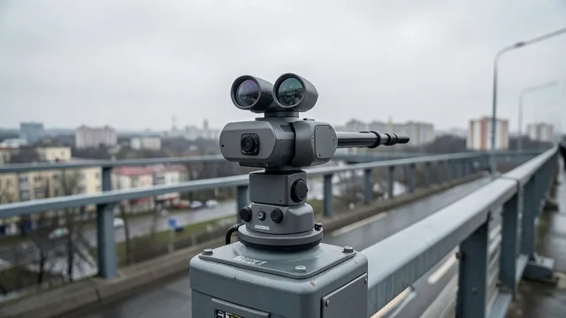 Imagem gerada por IA: Torre automatizada com sensores ópticos instalada em uma ponte urbana de Kiev.