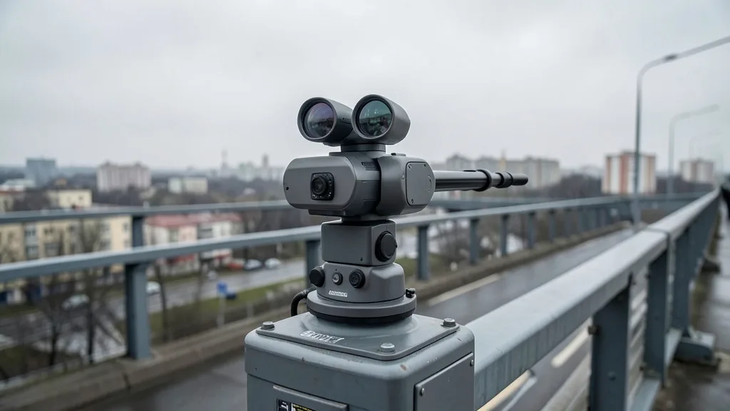 Imagem gerada por IA: Torre automatizada com sensores ópticos instalada em uma ponte urbana de Kiev.