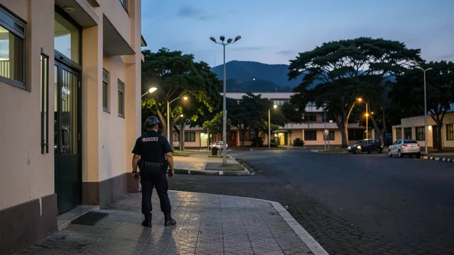 Imagem gerada por IA: Entrada de um campus universitário ao entardecer, com um vigilante próximo ao prédio.