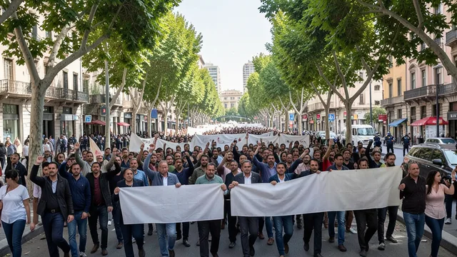 Imagem gerada por IA: Manifestantes marcham por uma avenida de Túnis durante um protesto.