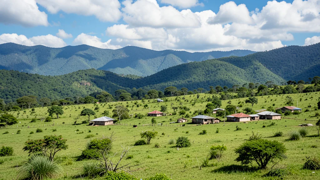 Imagem gerada por IA: Paisagem de savana e montanhas no norte de Roraima, perto de uma comunidade.