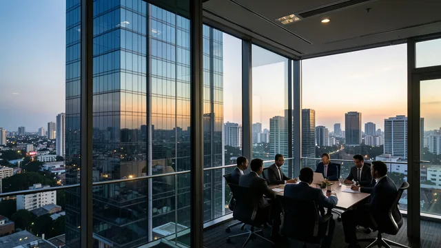 Edifício corporativo em São Paulo ao entardecer, com silhuetas de executivos reunidos em uma sala de conferência.