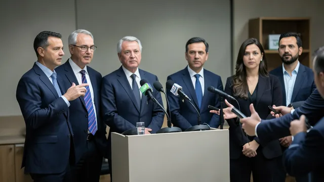 Imagem gerada por IA: Representantes políticos falam em uma coletiva diante de microfones, com uma urna desfocada ao fundo.