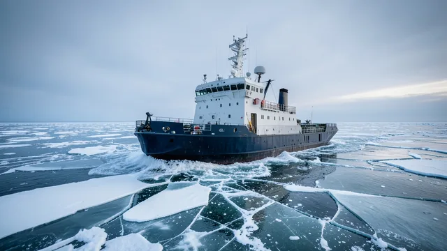 Imagem gerada por IA: Navio quebra-gelo avança entre placas de gelo no oceano Ártico.