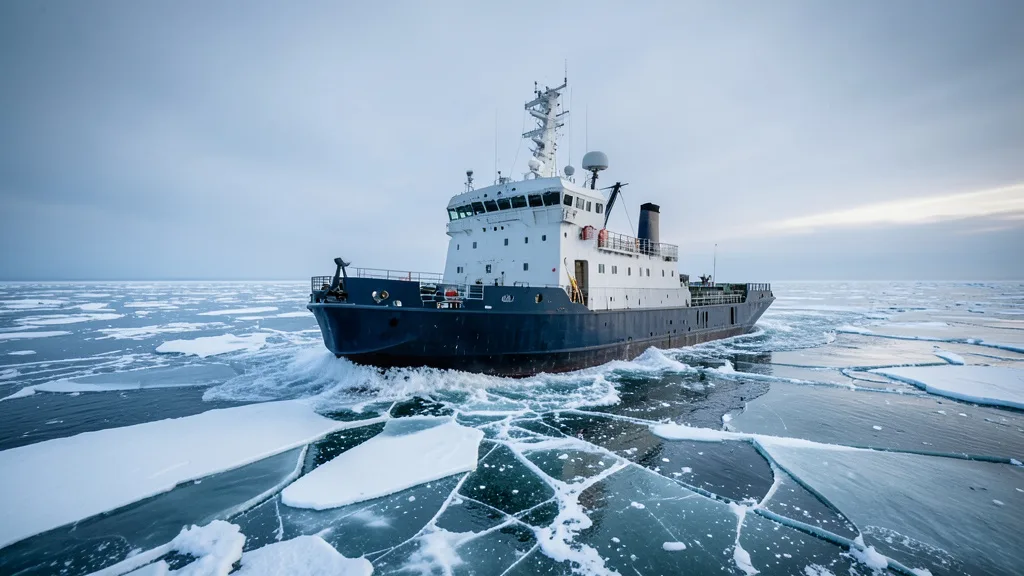 Imagem gerada por IA: Navio quebra-gelo avança entre placas de gelo no oceano Ártico.