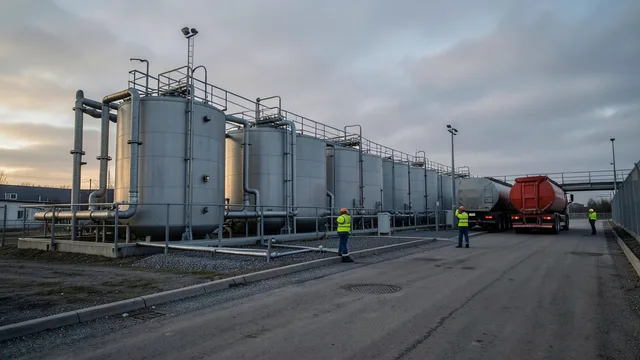 Tanques de combustível em um terminal europeu, com trabalhadores ao lado de tubulações industriais.