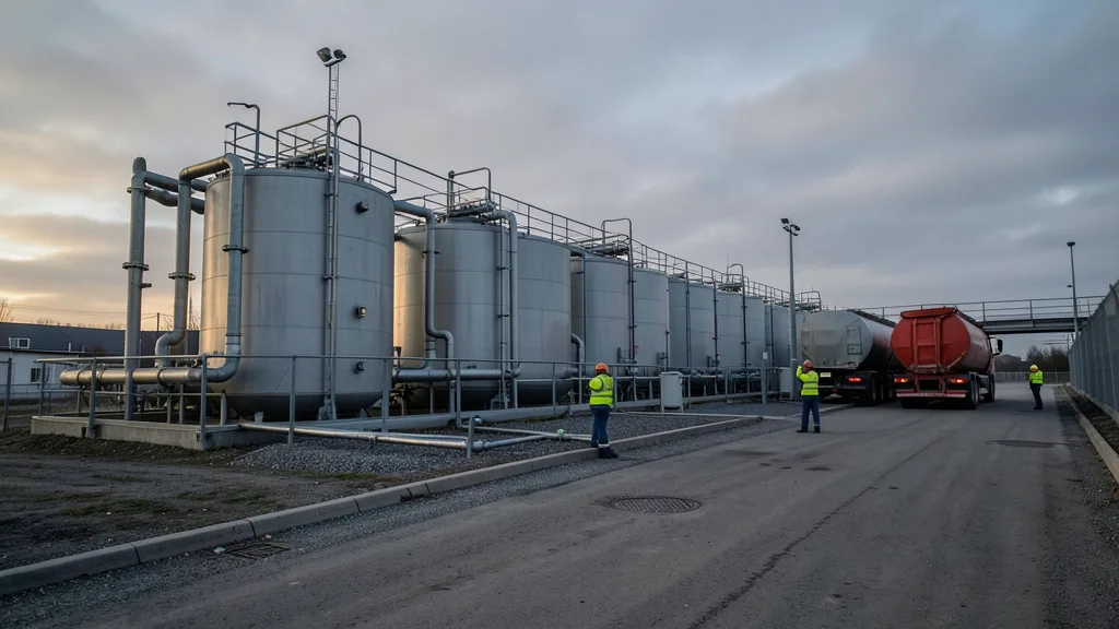 Tanques de combustível em um terminal europeu, com trabalhadores ao lado de tubulações industriais.