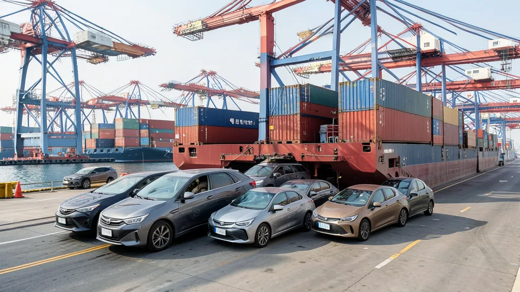 Imagem gerada por IA: Carros híbridos sendo carregados em um navio de transporte em um porto chinês.