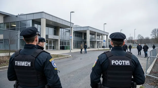 Imagem gerada por IA: Agentes de fronteira próximos a um centro de recepção de migrantes na Europa.