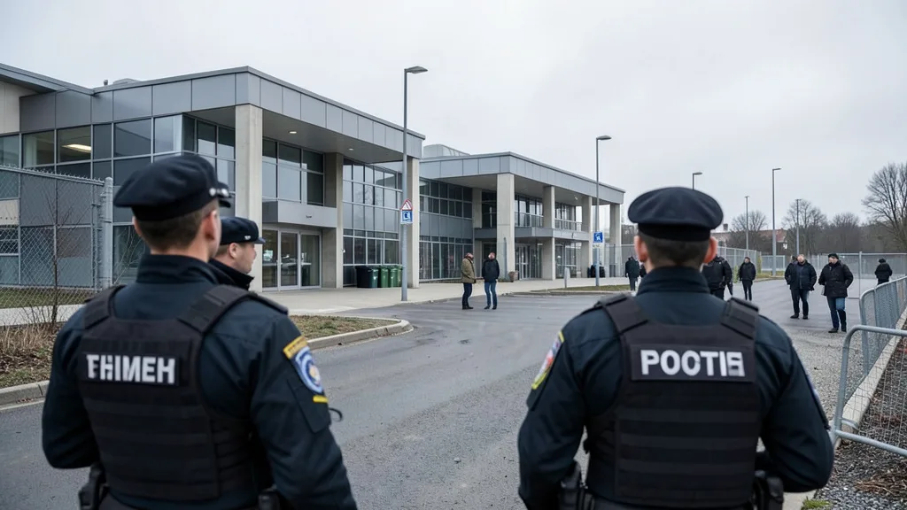 Imagem gerada por IA: Agentes de fronteira próximos a um centro de recepção de migrantes na Europa.