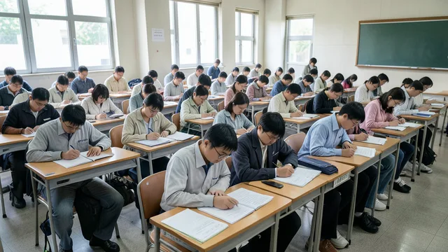 Imagem gerada por IA: Candidatos fazem uma prova em uma sala de exame.