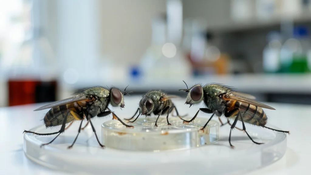 Imagem gerada por IA: Moscas-da-fruta em uma superfície de laboratório, em imagem que representa a pesquisa sobre fome e memória do álcool.