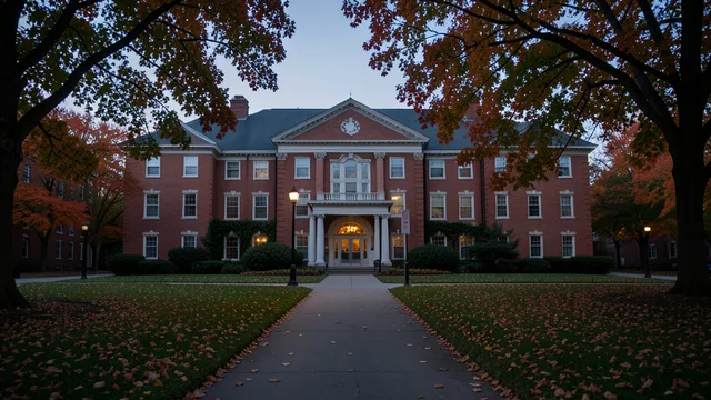 Imagem gerada por IA: Casa de fraternidade em um campus universitário em Ithaca, sem atividade social.