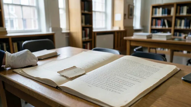 Pequeno fragmento antigo sobre um manuscrito aberto em uma sala de conservação universitária.