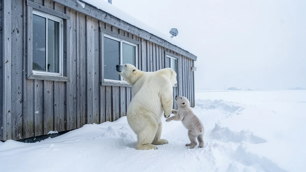 Imagem gerada por IA: Ursa-polar se ergue diante da janela de uma estação no Ártico, com um filhote ao lado.