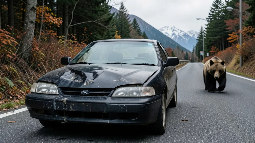 Carro com o capô amassado em uma estrada montanhosa de Hokkaido, com um urso perto da mata.