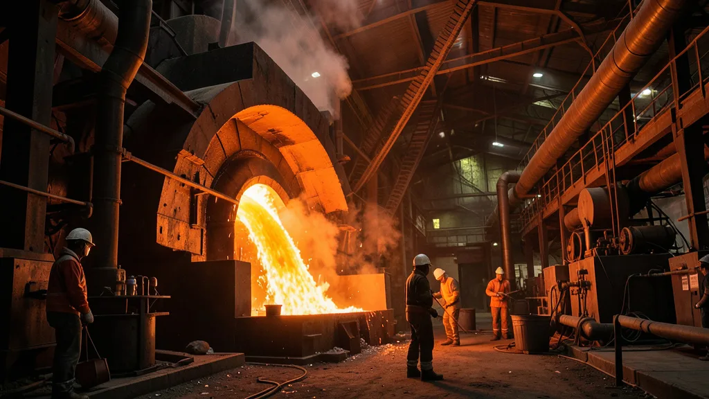 Imagem gerada por IA: Aço incandescente é produzido em uma siderúrgica, cercado por grandes equipamentos industriais.