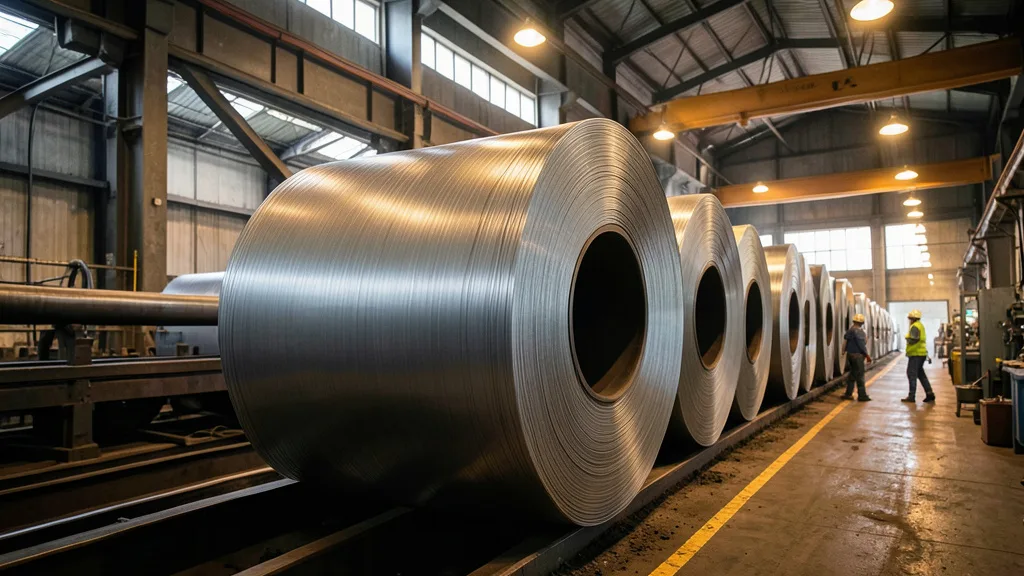 Imagem gerada por IA: Bobinas de aço em uma linha de produção industrial.