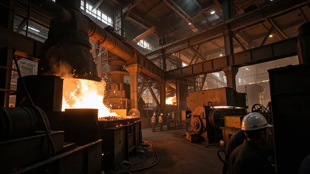 Imagem gerada por IA: Produção de aço em uma usina siderúrgica, com metal incandescente e máquinas industriais.