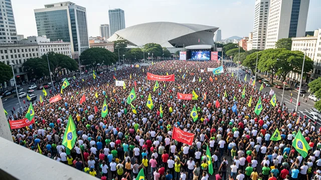 Imagem gerada por IA: Multidão reunida durante ato político na avenida Paulista, em São Paulo.
