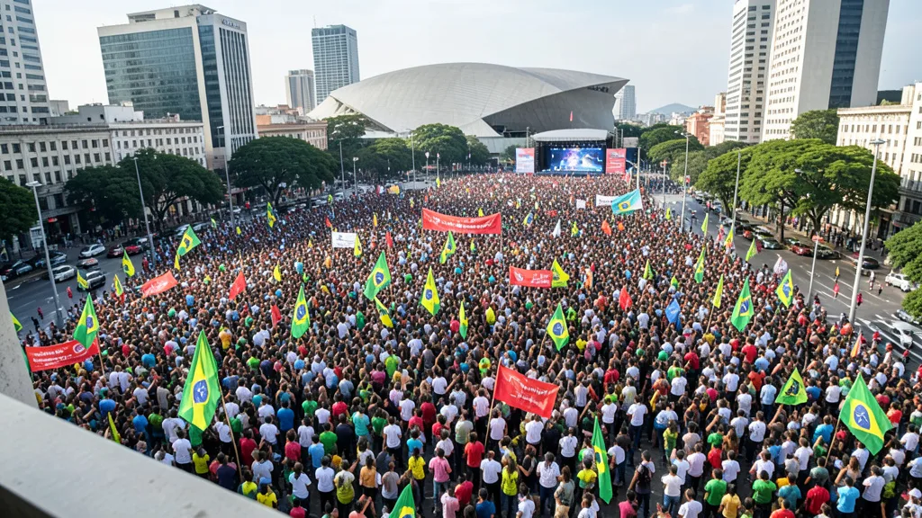 Imagem gerada por IA: Multidão reunida durante ato político na avenida Paulista, em São Paulo.