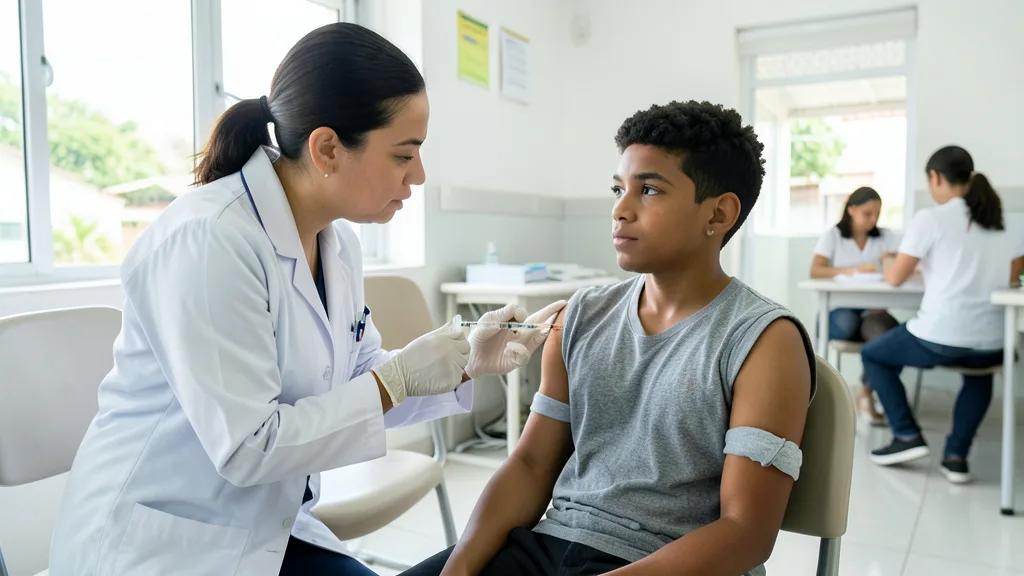 Imagem gerada por IA: Profissional de saúde prepara uma vacina para um adolescente em uma clínica.