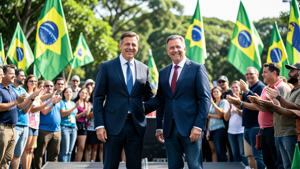 Imagem gerada por IA: Jair Bolsonaro e Flávio Bolsonaro juntos em um evento político com bandeiras do Brasil ao fundo.
