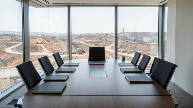 Imagem gerada por IA: Sala de reuniões corporativa vazia, com documentos sobre a mesa e uma paisagem industrial ao fundo.