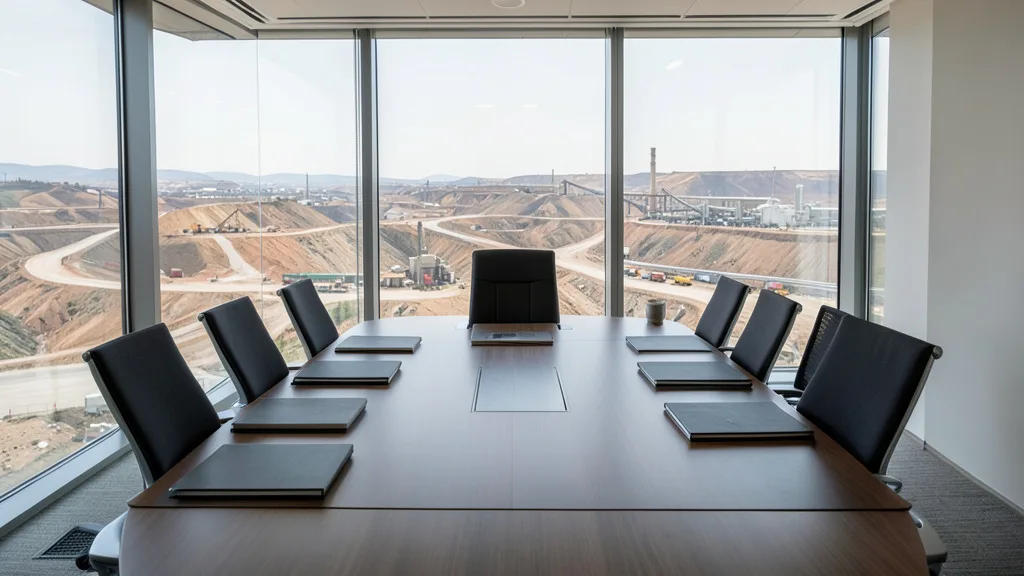 Imagem gerada por IA: Sala de reuniões corporativa vazia, com documentos sobre a mesa e uma paisagem industrial ao fundo.