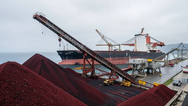 Imagem gerada por IA: Minério de ferro sendo carregado em um navio em um porto.