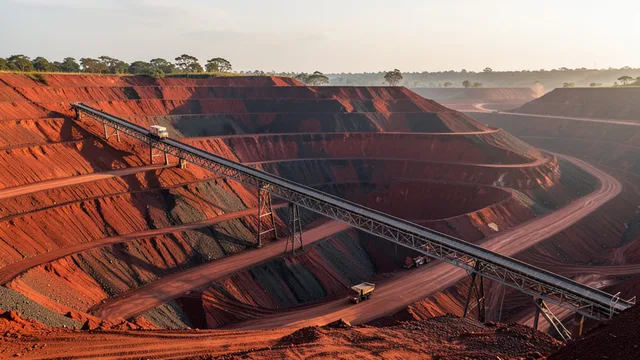Imagem gerada por IA: Vista de uma mina de minério de ferro com bancadas escavadas e equipamentos de transporte.