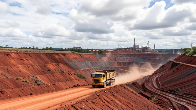 Caminhão de mineração percorre uma mina de minério de ferro a céu aberto.
