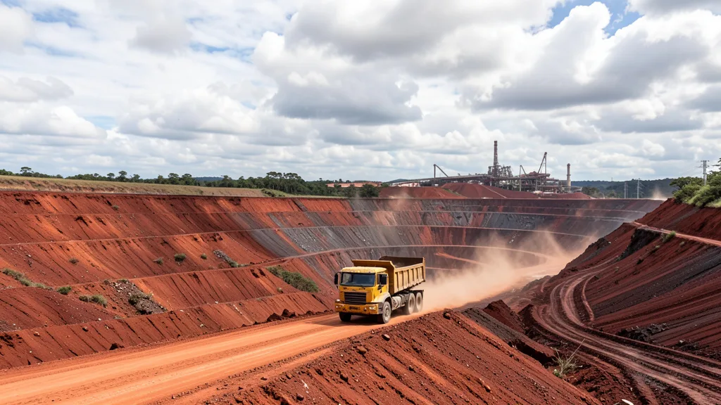 Caminhão de mineração percorre uma mina de minério de ferro a céu aberto.