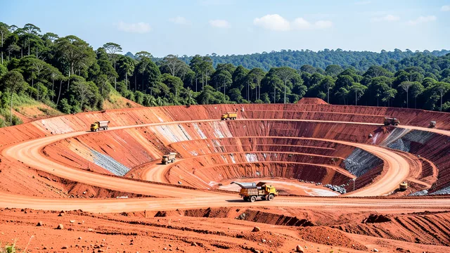 Imagem gerada por IA: Caminhões operam em uma mina de cobre a céu aberto em Carajás, no Pará.