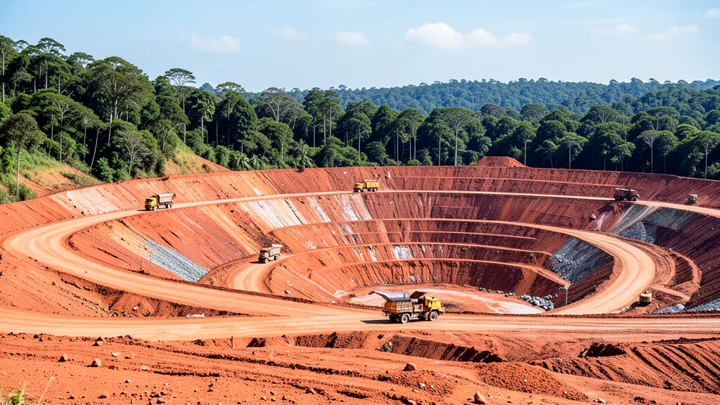 Imagem gerada por IA: Caminhões operam em uma mina de cobre a céu aberto em Carajás, no Pará.