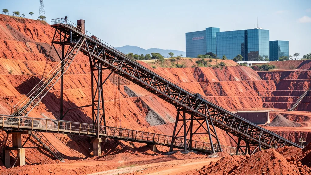 Imagem gerada por IA: Estrutura de mineração da Vale diante de uma mina de minério de ferro a céu aberto.