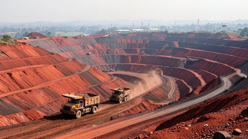 Imagem gerada por IA: Caminhões transportam minério de ferro em uma grande mina a céu aberto.