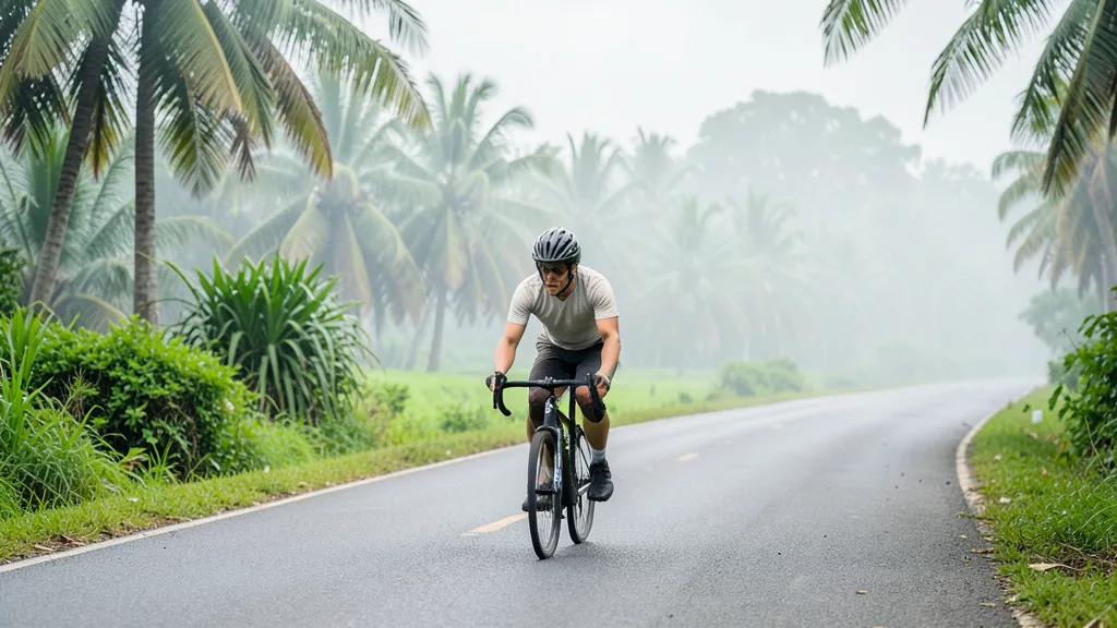 Imagem gerada por IA: Ciclista pedala por uma estrada rural cercada por vegetação tropical.