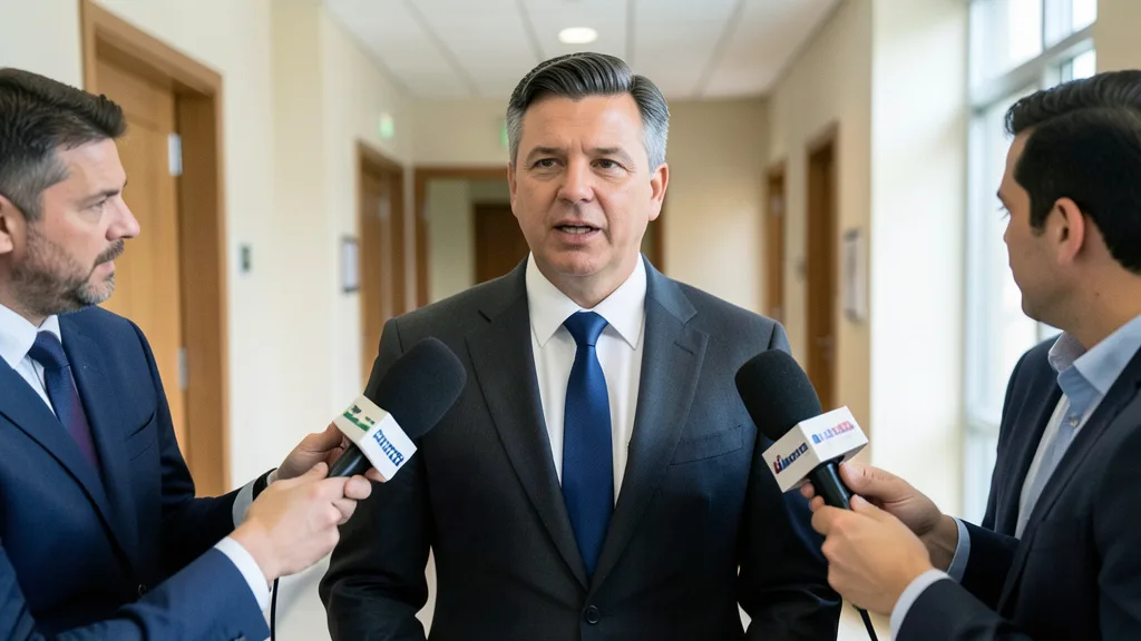 Imagem gerada por IA: Marcel van Hattem fala com jornalistas em um corredor do Senado.